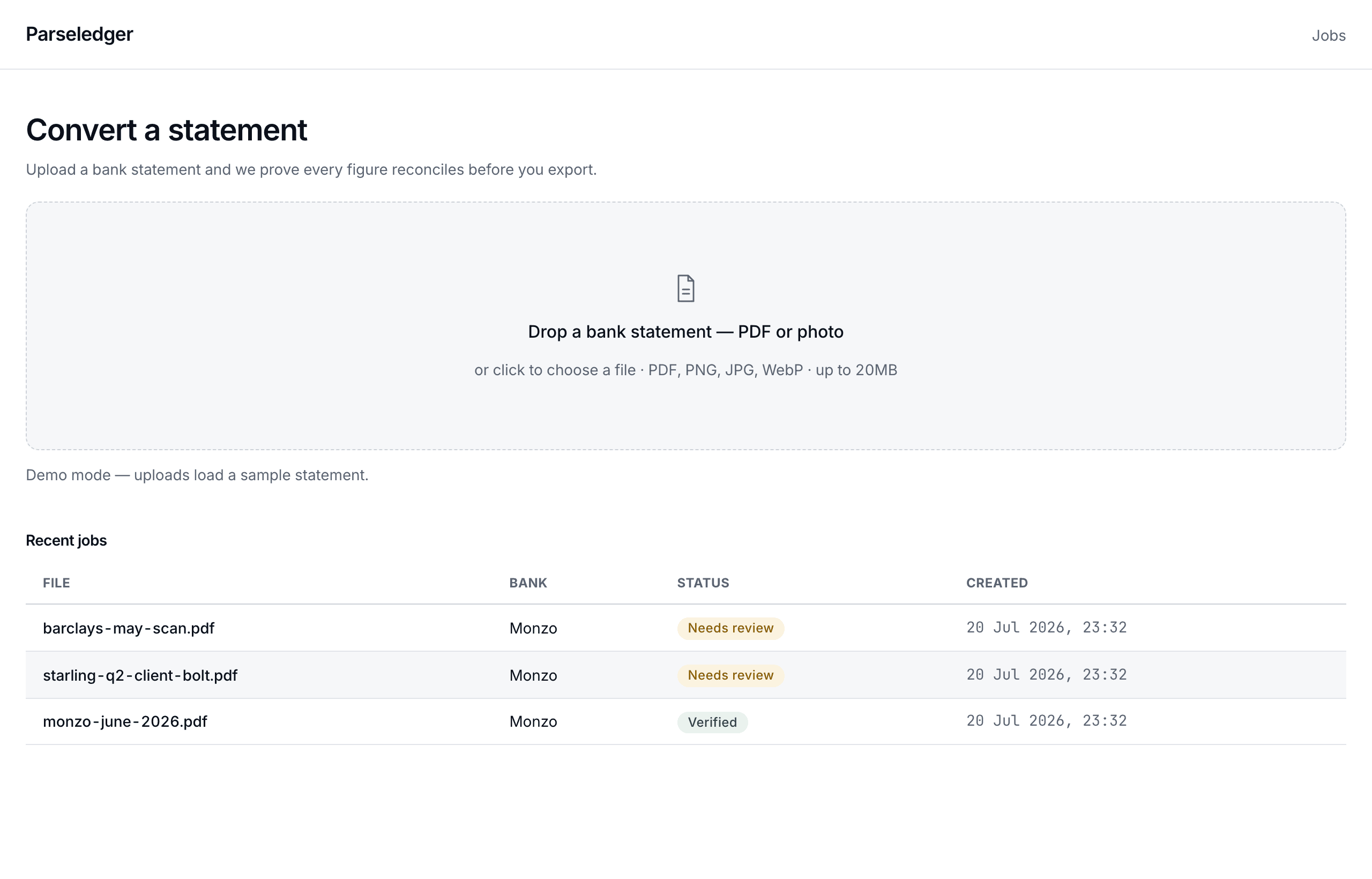 Parseledger workspace with the upload dropzone and a list of recent jobs with verification status chips